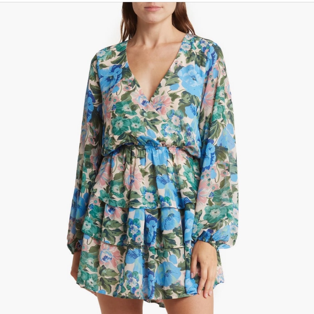 Lush floral print ruffled skirt open back mini dress long sleeve blue green
